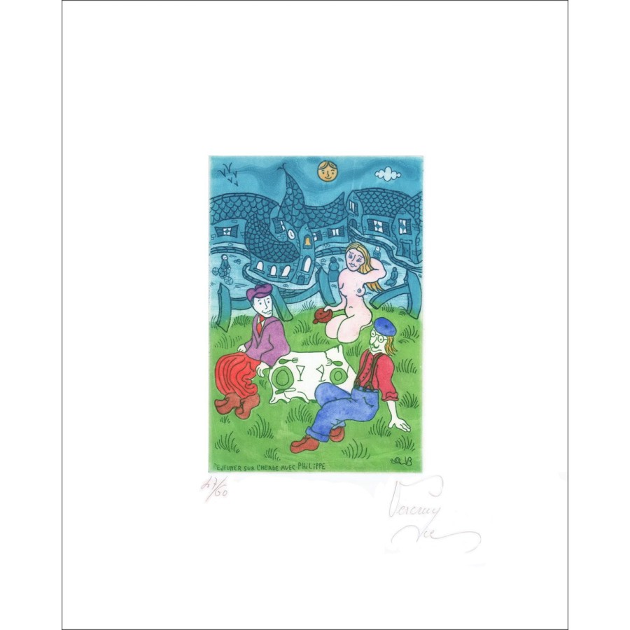 Bernard VERCRUYCE : Lunch on the grass Original lithograph of a format of 34 x 25 cm, Justified and signed in pencil by 