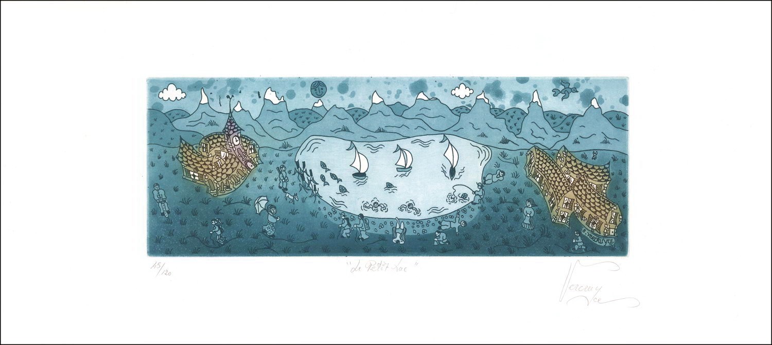 Bernard Vercruyce: il piccolo lago originale di un formato di 34 x 25 cm, giustificato e firmato a matita per arte