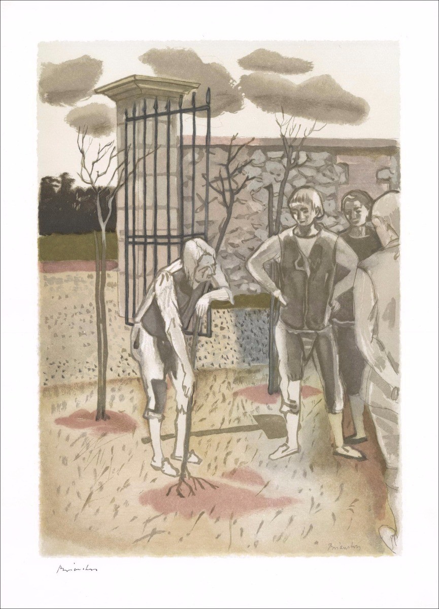 Maurice Brianchon: Der alte Mann und die drei jungen Männer - Original-Lithographie (graviertes Holz) 38x28cm - 1961