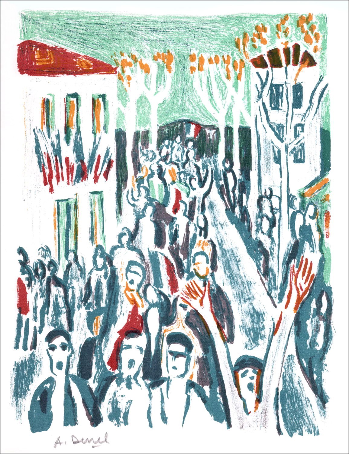 Auguste DUREL - Lithographie Originale "La Fête" 27x21cm - 1963