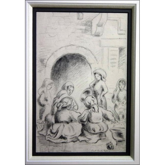 COLIN Paul-Émile - Dibujo a lápiz "Escena de Vie a Scanno" 20x13cm
