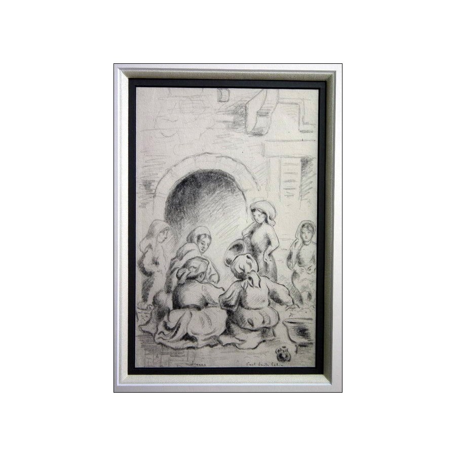 Dessin au crayon "Scène de vie à Scanno" 20x13cm