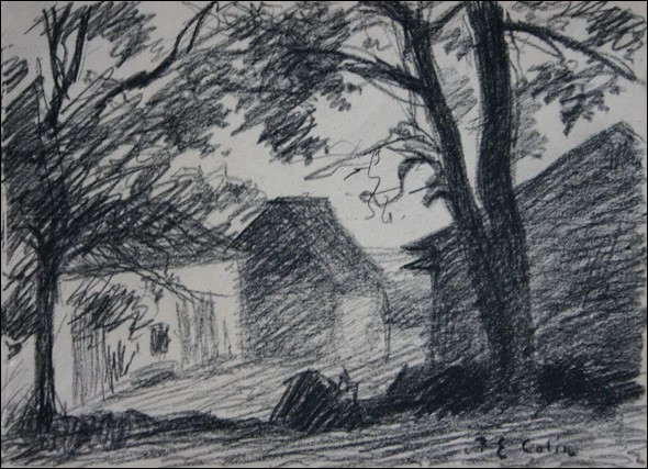 COLIN Paul-Émile - Pencil drawing "The Hamlet" 13x18cm