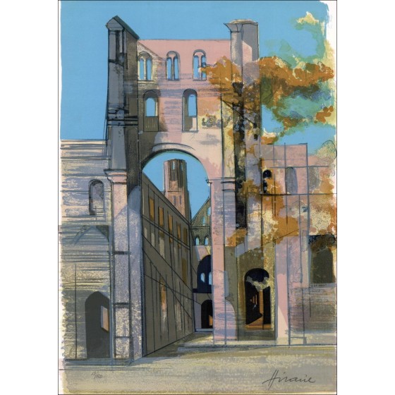 Acquista Litografia Camille Hilaire The Jumièges Abbey in Normandia