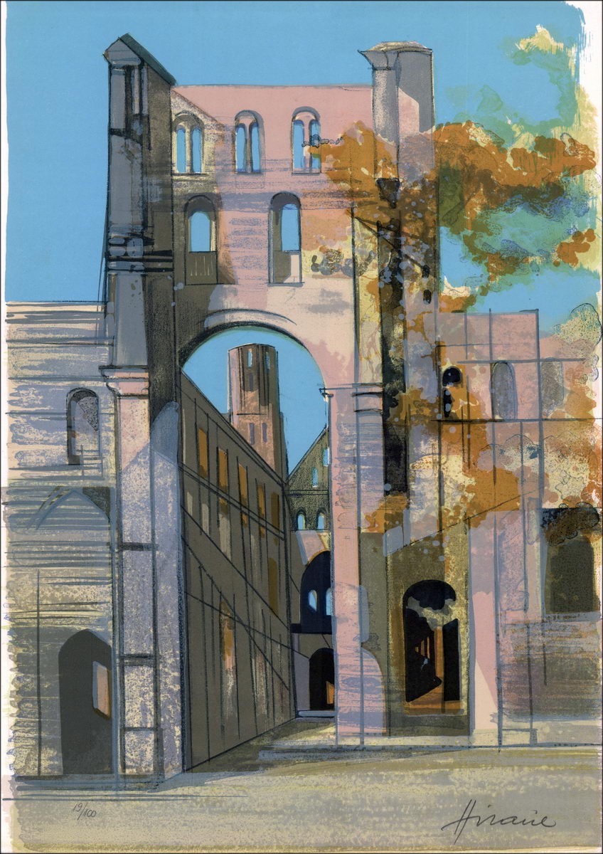 Acquista Litografia Camille Hilaire The Jumièges Abbey in Normandia