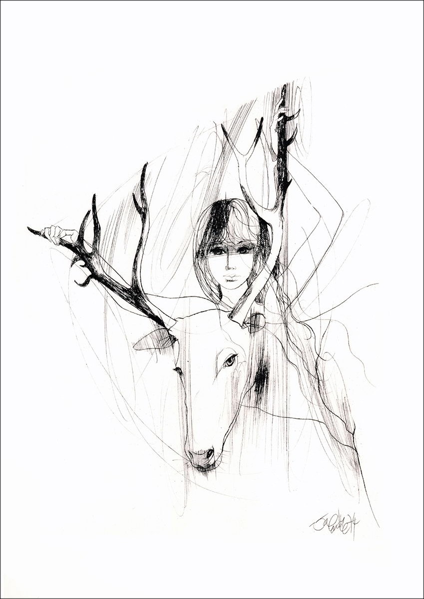 Valady Jean-Baptiste - Originele lithografie "vrouw en herten"