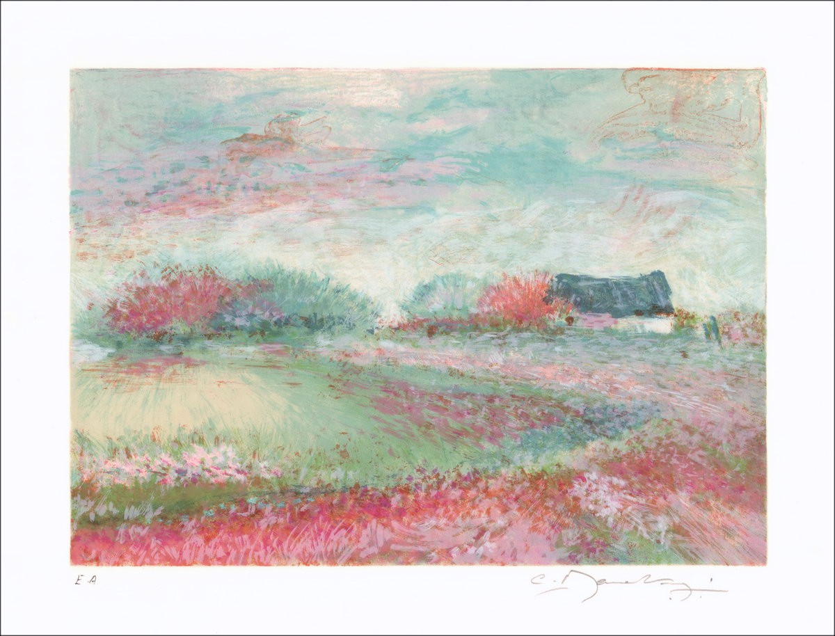 Claude Manoukian - Litografía original firmada a lápiz, casa en el campo