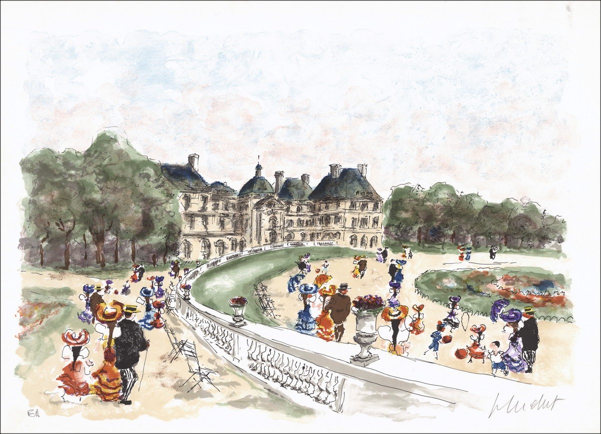 Urban Huchet: Paris, der Luxemburger Garten, original signierte Lithographie