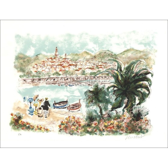 Stedelijke Huchet: Côte d'Azur, de zee, originele lithografie ondertekend 50 x 65 cm