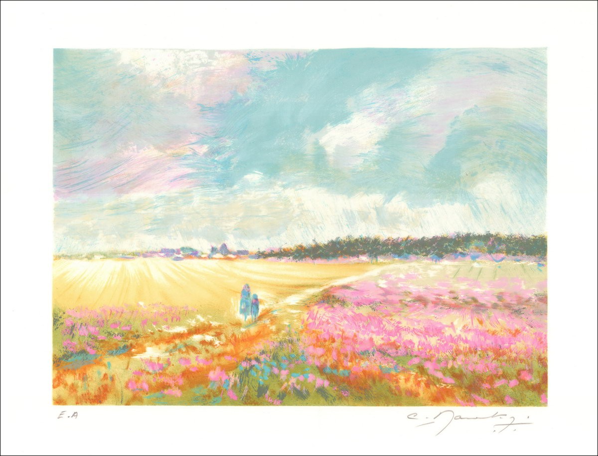Claude Manoukian - Litografía original firmada a lápiz, caminar en los campos