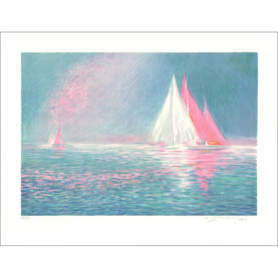 Claude MANOUKIAN - Lith Origin Originale getekend met potlood, Les bateaux