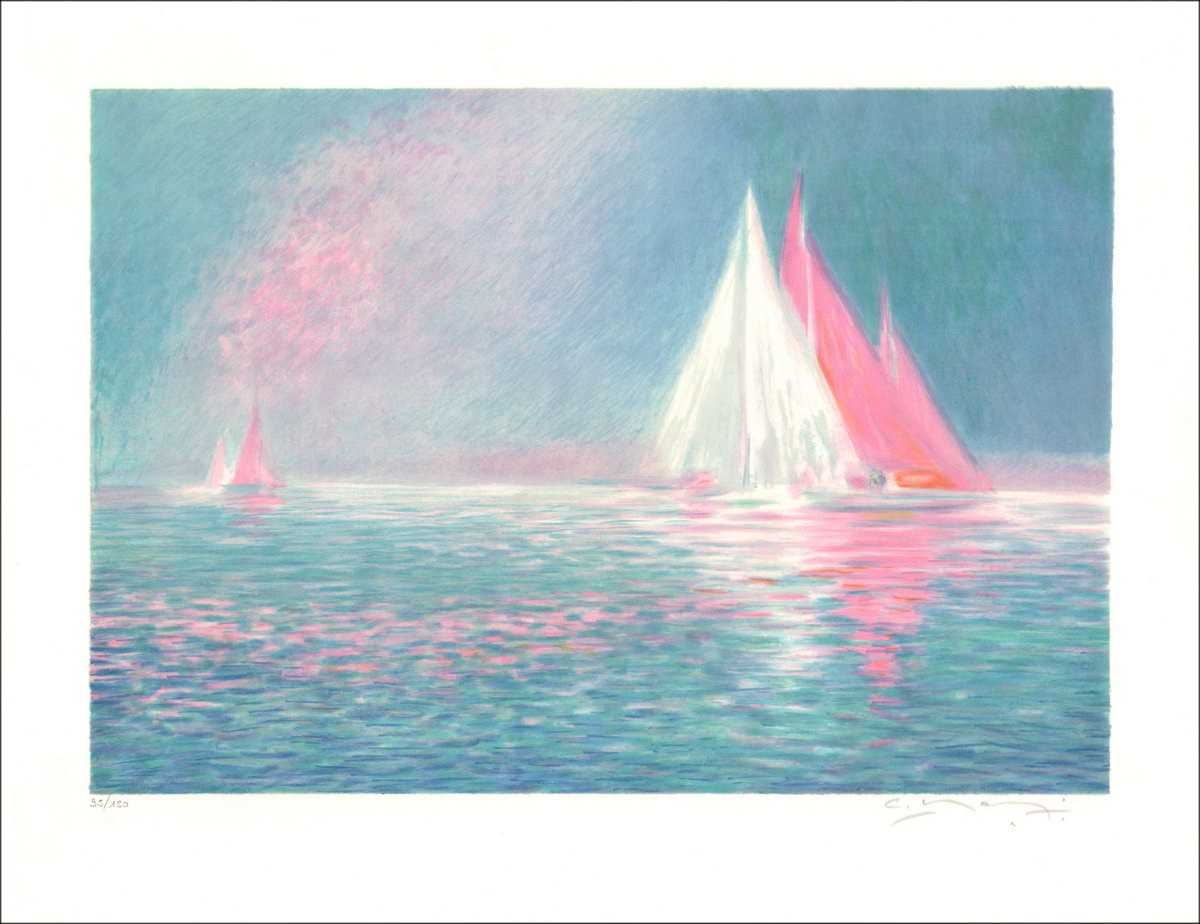 Claude Manoukian - Original-Lithographie in Bleistift signiert, Boote
