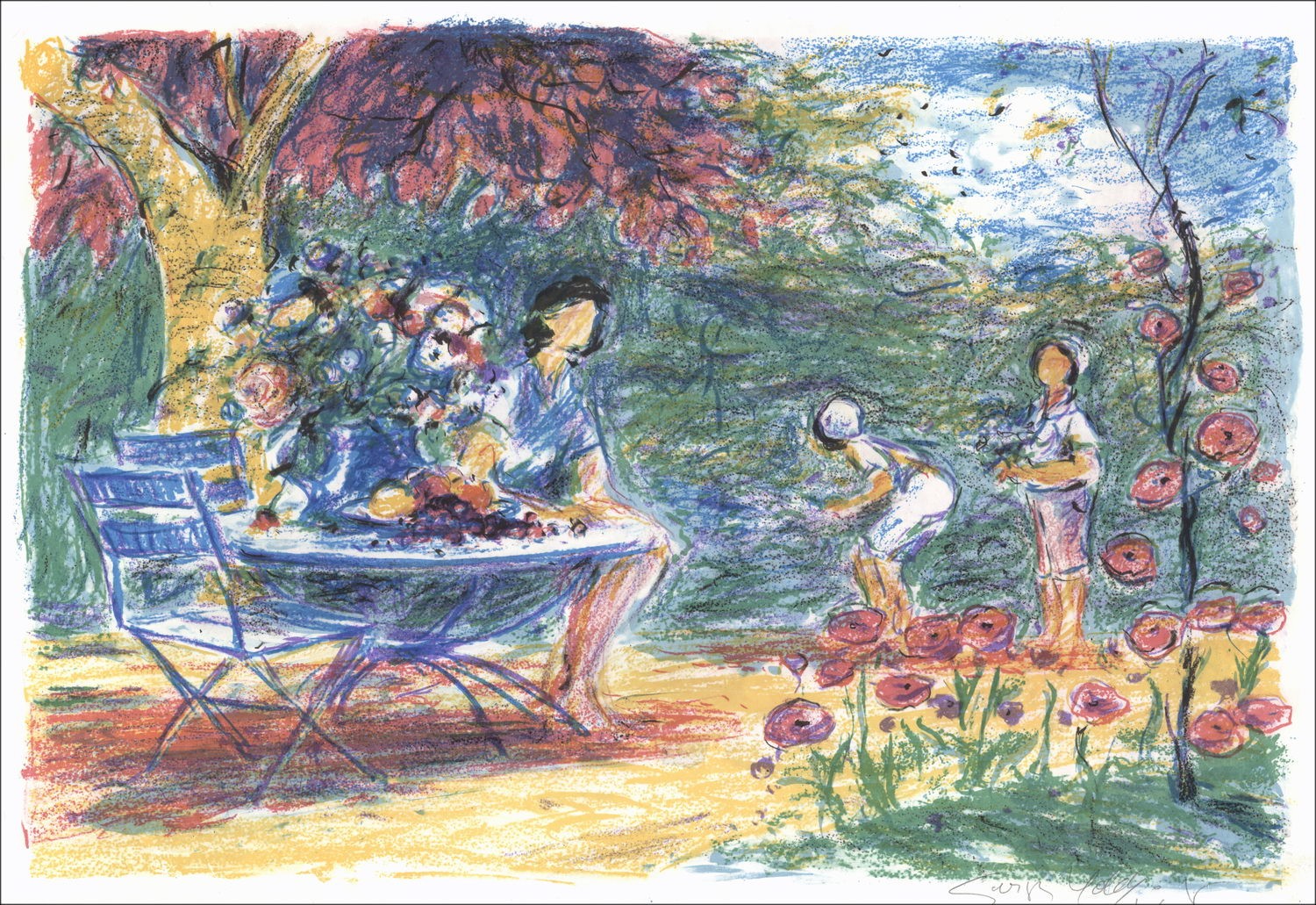 Georges Yoldjoglou - Litografia originale "The Garden" 38x55cm