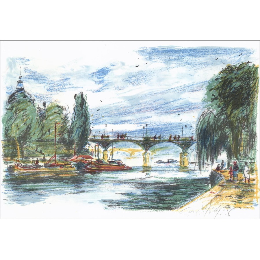 Georges Yoldjoglou - Originele Lithosche "Waterfront Promenade" 38x55cm