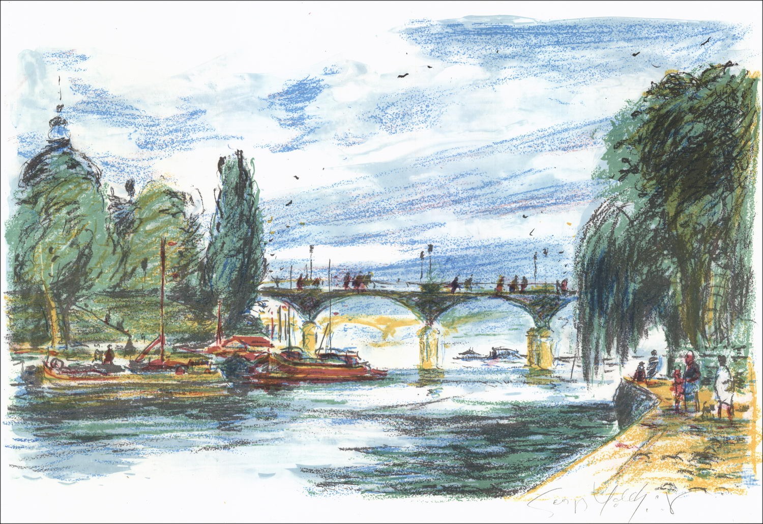 Georges YOLDJOGLOU - Lithographie Originale "Promenade au bord de l'eau" 38x55cm