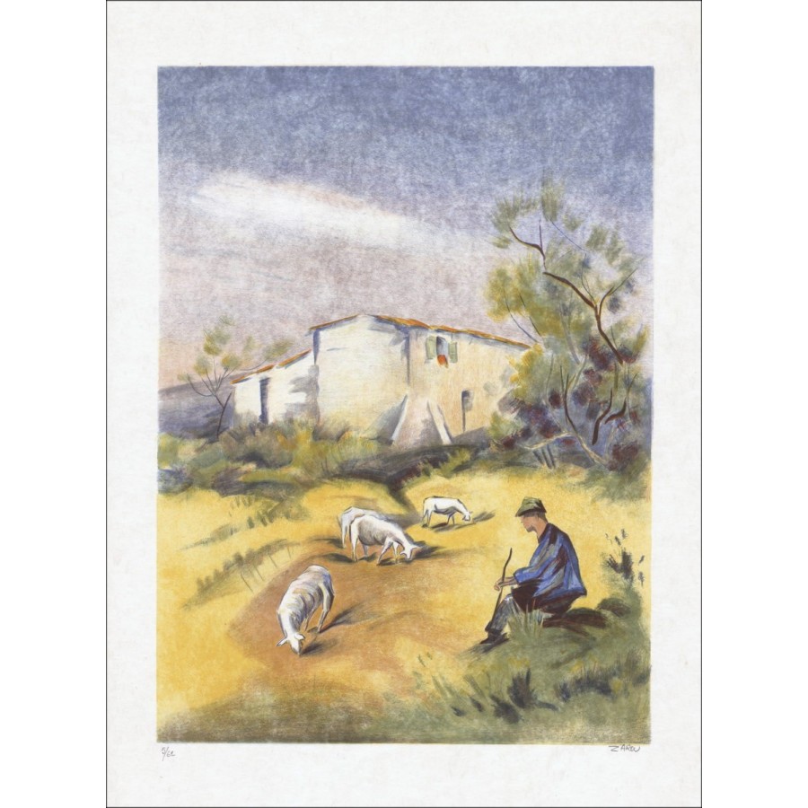 ZAROU : Shepherd in Provence - Originele lithografie ondertekend in potlood