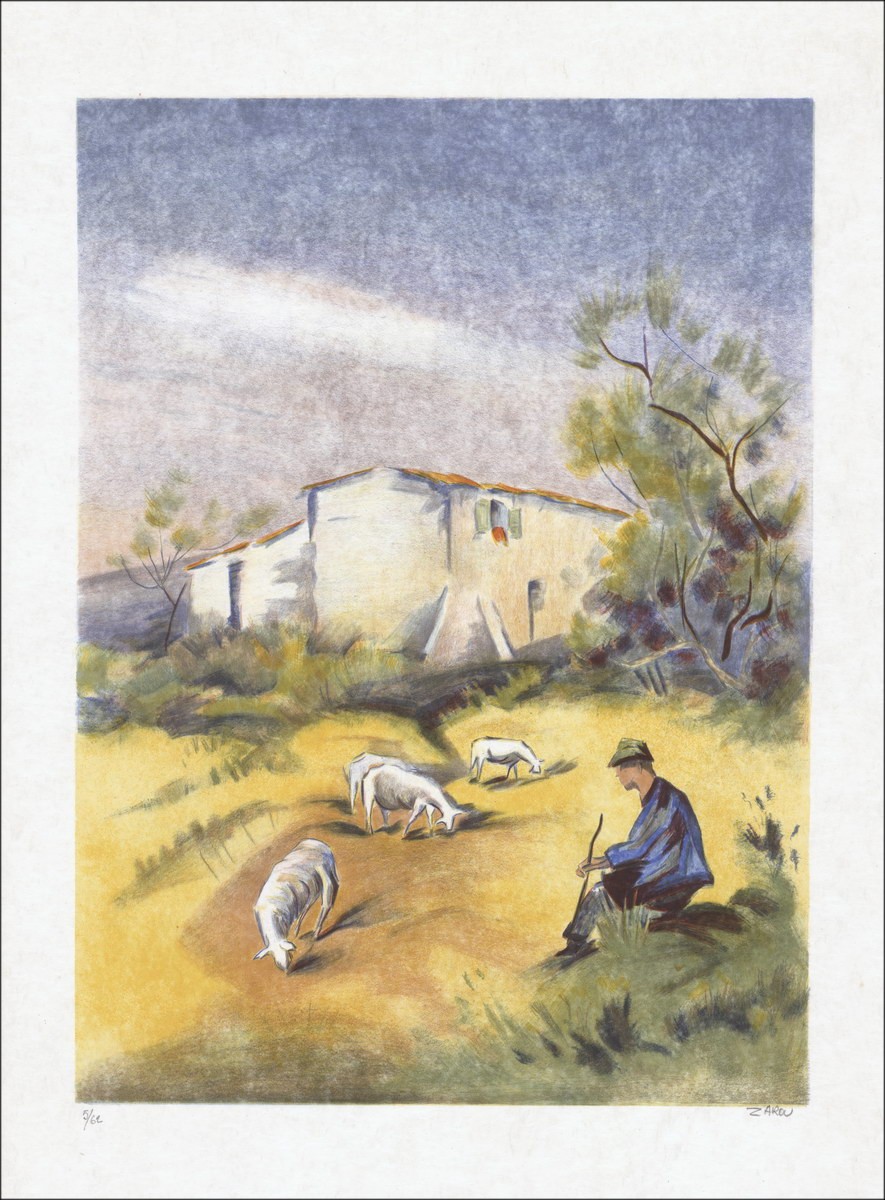 ZAROU : Shepherd in Provence - Originele lithografie ondertekend in potlood