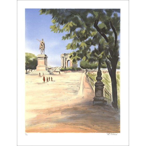ZAROU : Montpellier, die Peyrou-Promenade - Original-Lithographie in Bleistift signiert