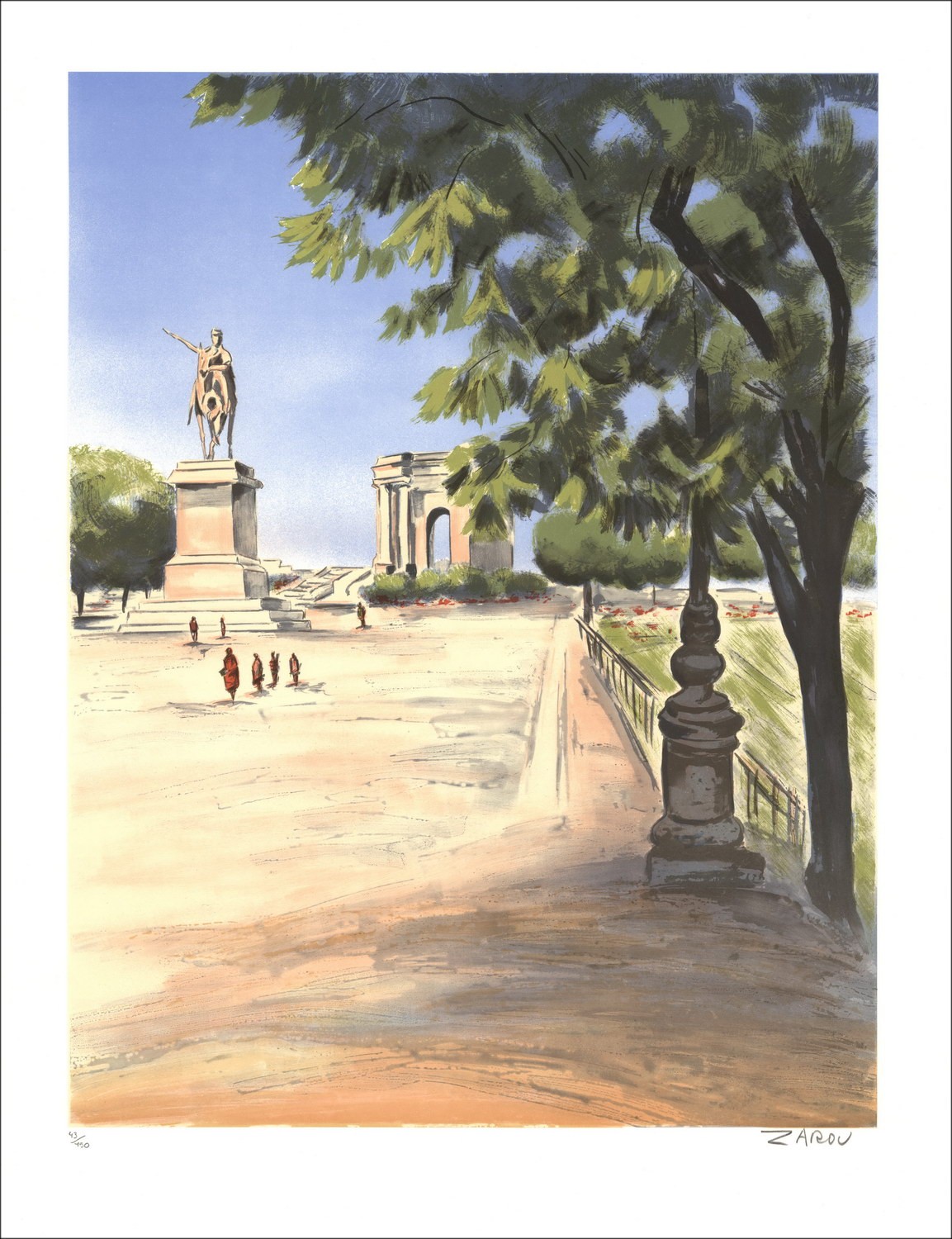 ZAROU : Montpellier, La Promenade du Peyrou - original lithograph signed in pencil
