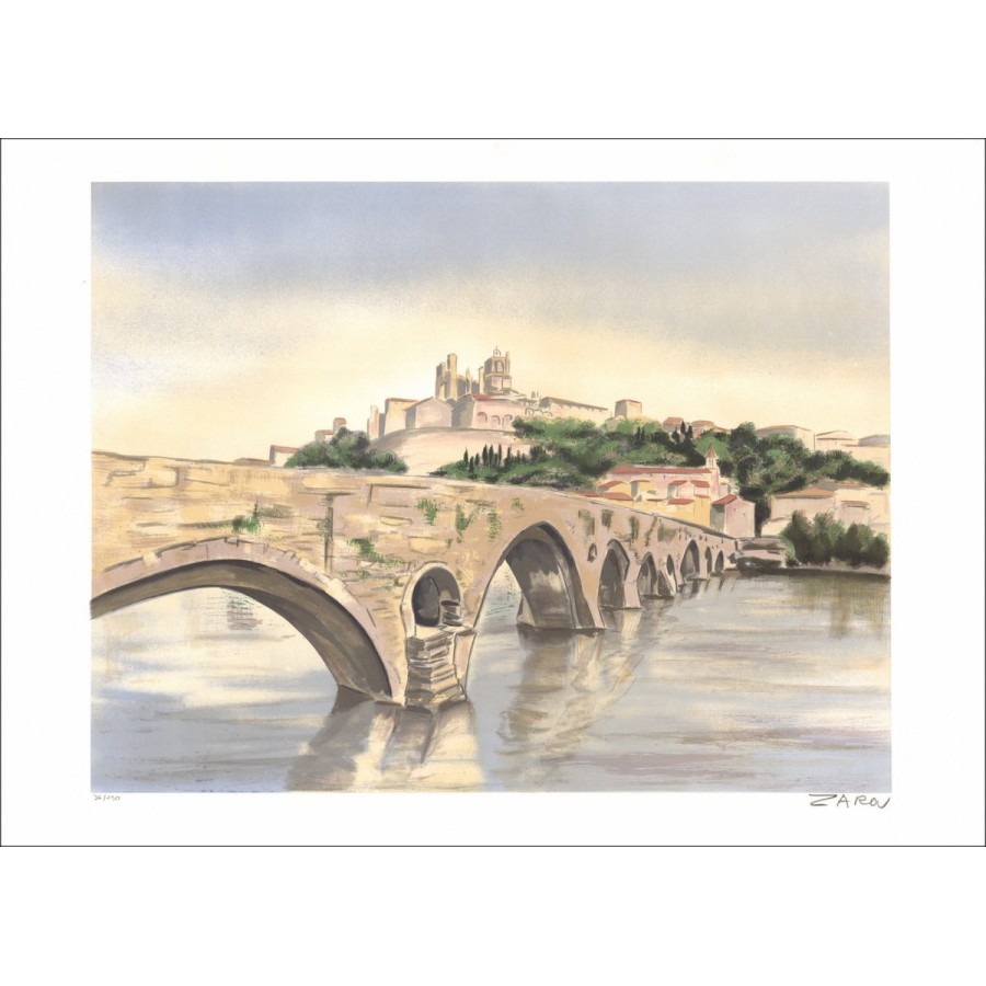 ZAROU : Béziers, the old bridge - original lithograph signed in pencil