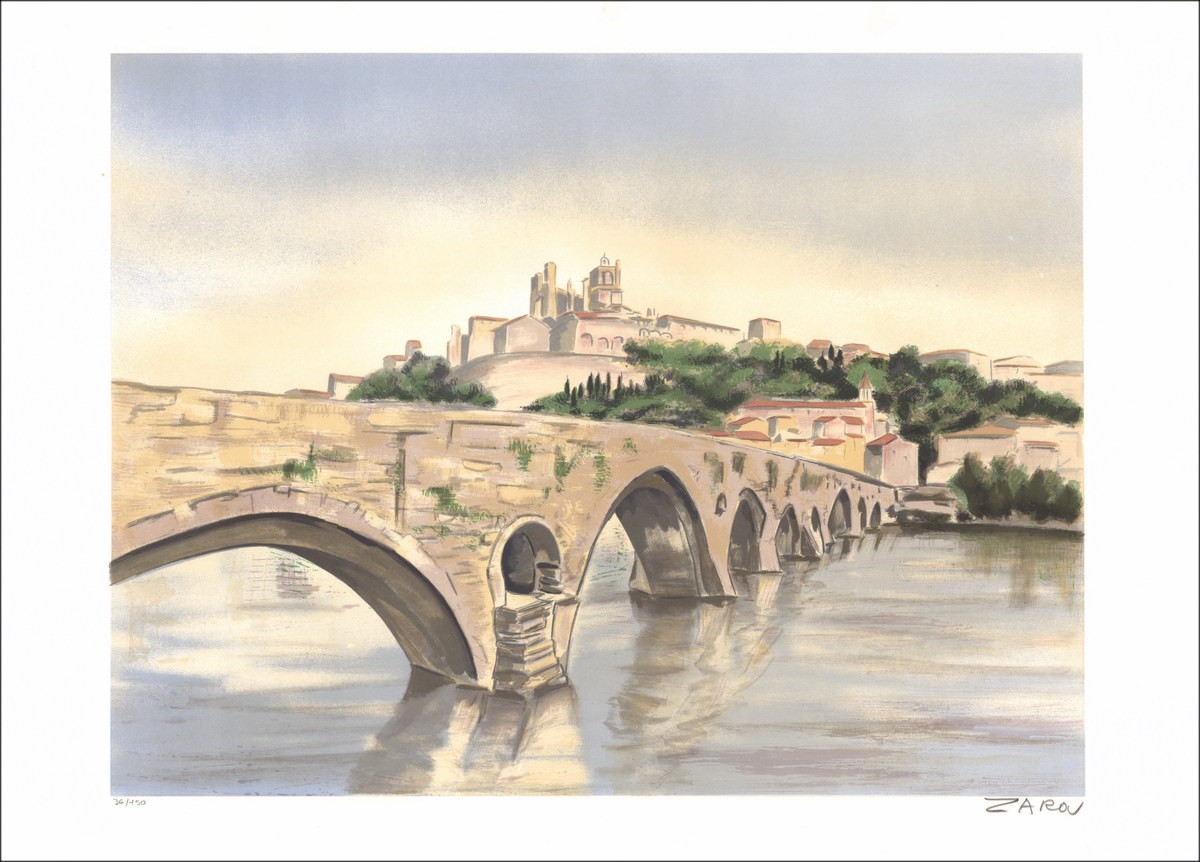 ZAROU : Béziers, le pont vieux - lithographie originale signée au crayon