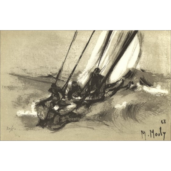 Marcel Mously - Litografía "Veleros en el mar" 14x22cm - 1968