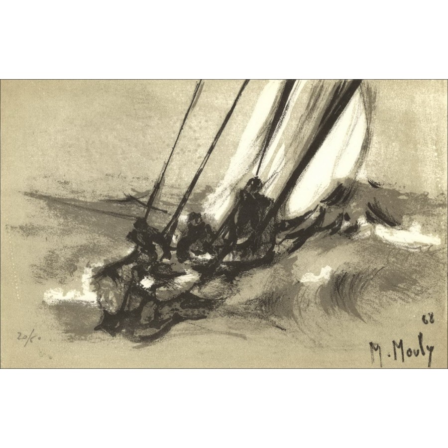 Marcel Mously - Litografía "Veleros en el mar" 14x22cm - 1968