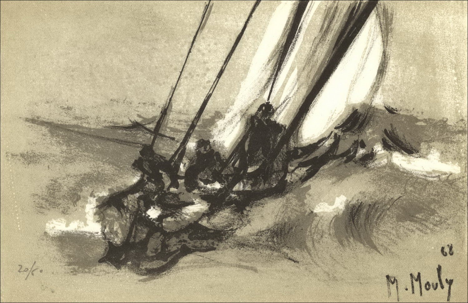 Marcel Mously - Litografía "Veleros en el mar" 14x22cm - 1968