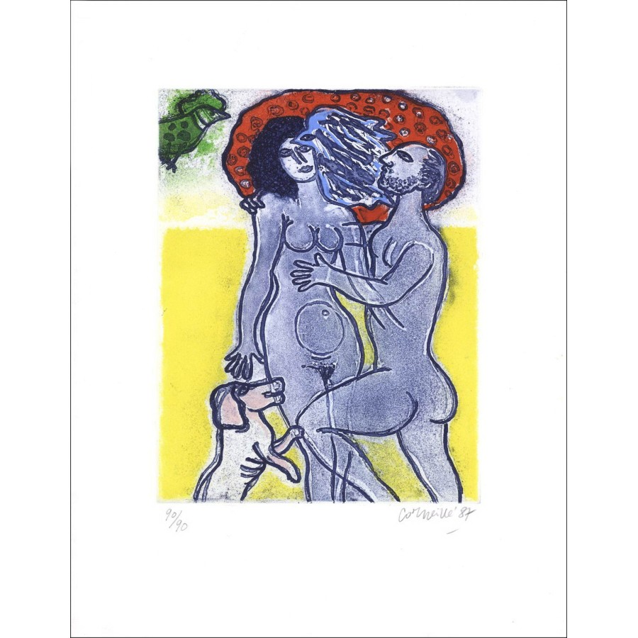 Guillaume Corneille - Incisione originale "La coppia in estate" 52x40cm- 1987
