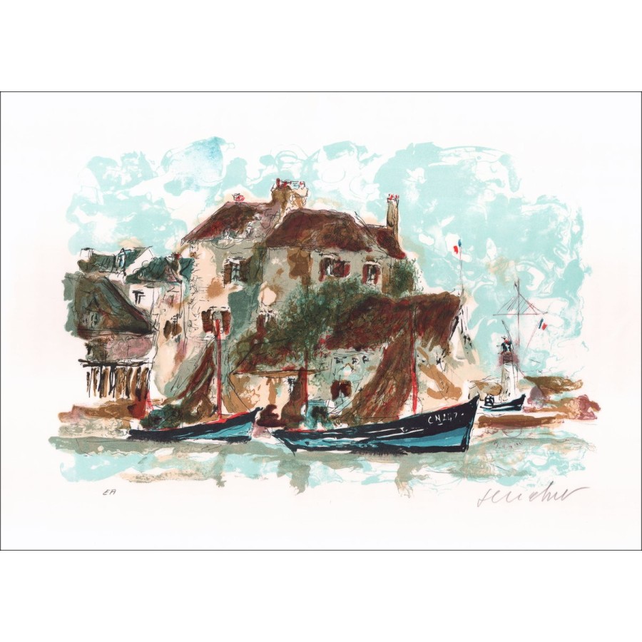Urbain HUCHET : Le petit port de pêche, lithographie originale signée