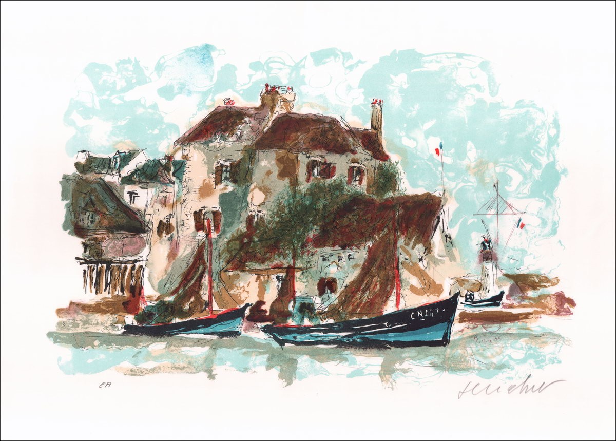 Urbain HUCHET: The small fishing port, original signed lithograph