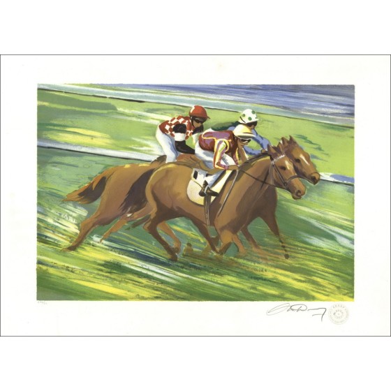 Paardenrace - Originele lithografie genummerd en ondertekend in potlood door de kunstenaar - Budgetbereik, Kleine prijs, decorat