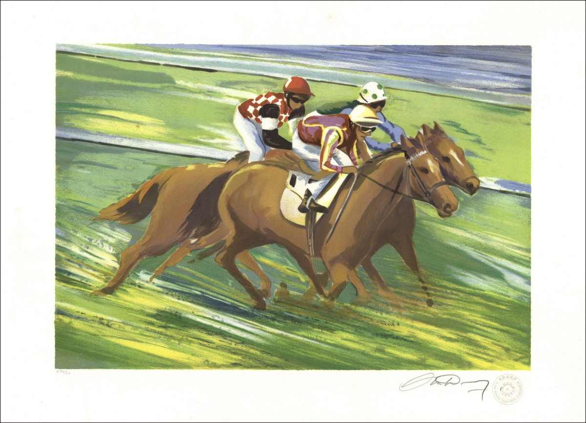 Paardenrace - Originele lithografie genummerd en ondertekend in potlood door de kunstenaar - Budgetbereik, Kleine prijs, decorat
