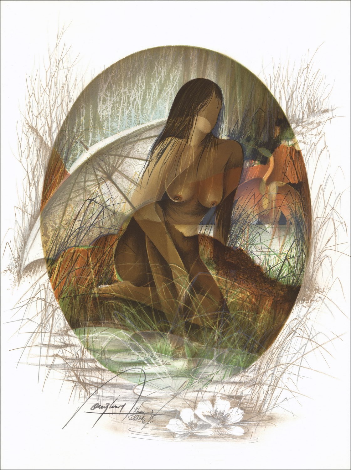 Kaufen Sie Frau am Regenschirm von Raymond Huhn Original-Lithographie 