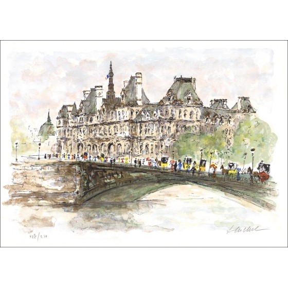 Urban Huchet: París, el puente Arcole y el Ayuntamiento de París, litografía original firmada
