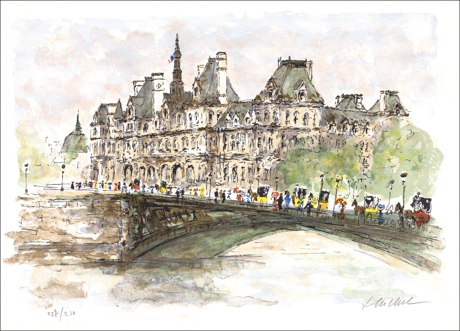 Urban Huchet: París, el puente Arcole y el Ayuntamiento de París, litografía original firmada
