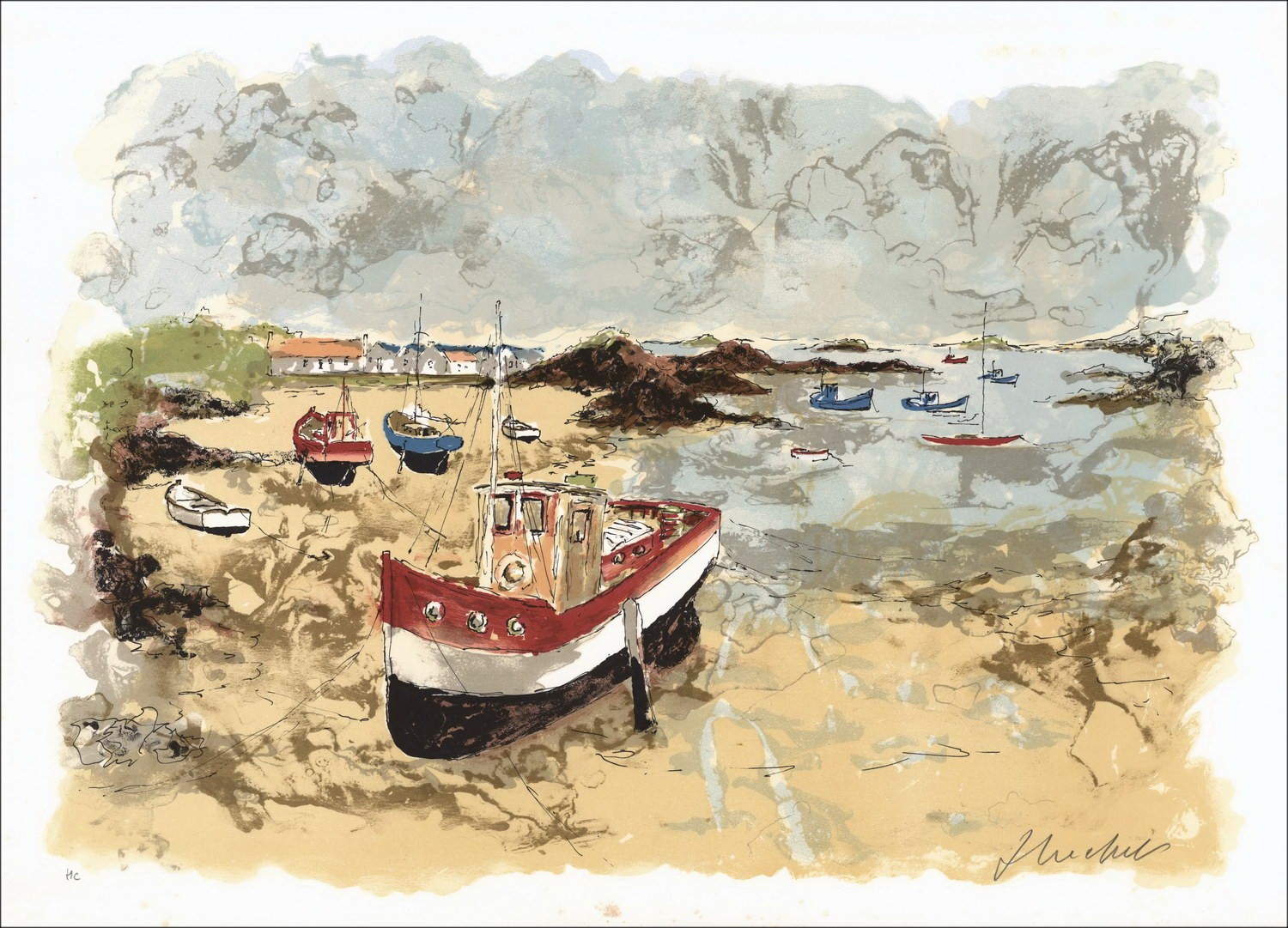Urban Huchet: Bretagne, Flüge Boote, Originalsignale Lithographie