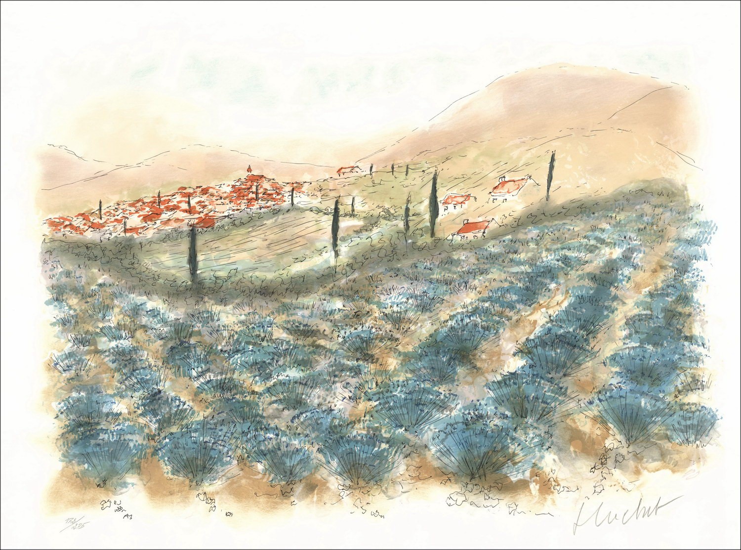 Urban Huchet: Feld von Lavendel in der Provence, original signierte Lithographie