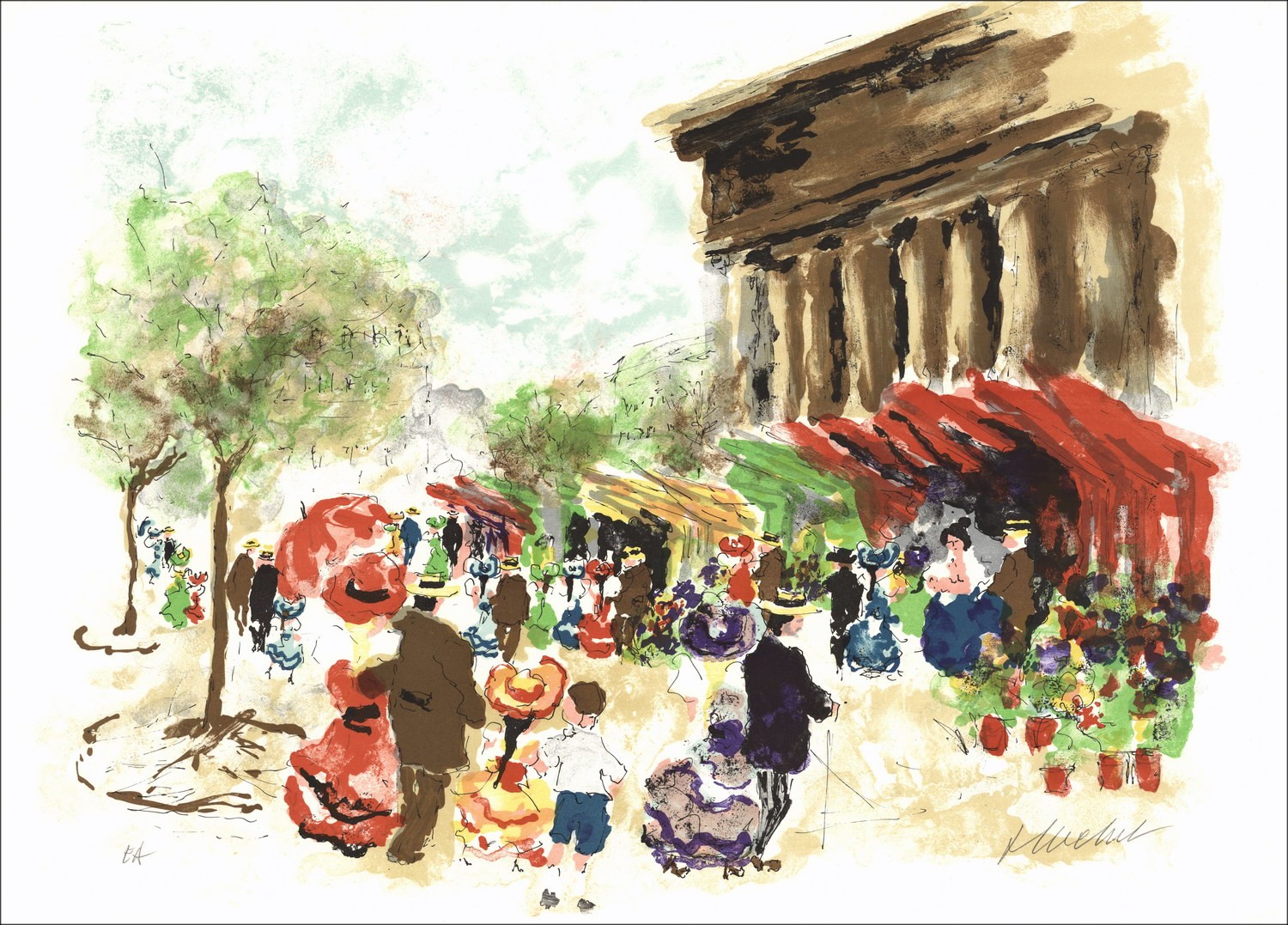 Urban Huchet: Parigi, Giorno di mercato, Litografia originale firmata