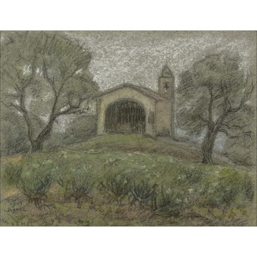 Paul Emile Colin - Disegno originale a matita e pastello "Vence" 12x16cm - 1909