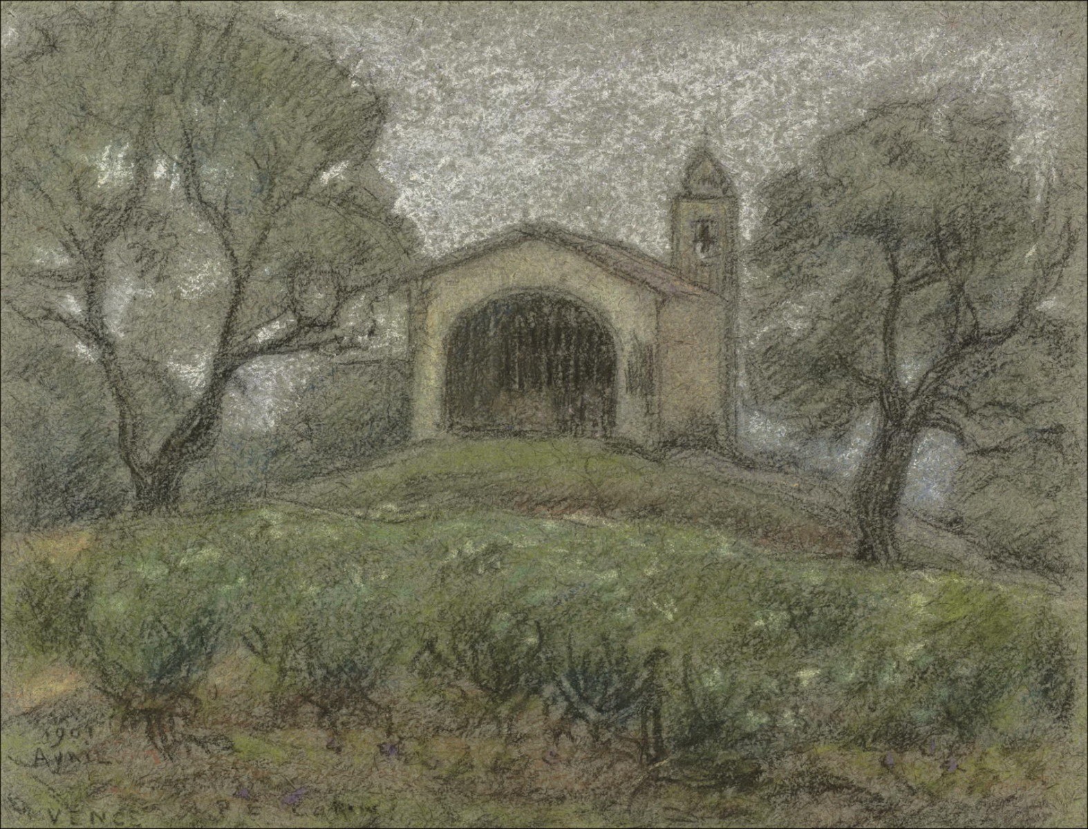 Paul Emile COLIN - Original pencil drawing and pastel "Vence" 12x16cm - 1909