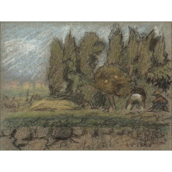 Paul Emile Colin - Original Bleistift und Pastellzeichnung "Werke in Obstgarten" 12x16cm - 1909