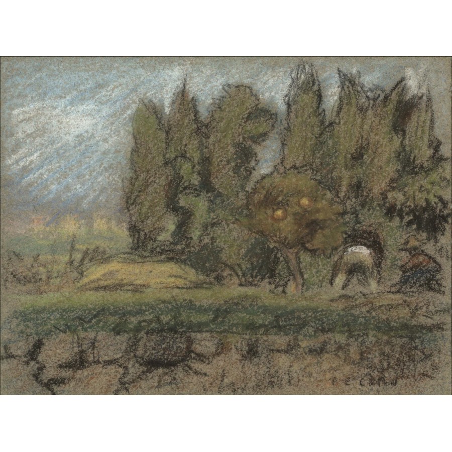 Paul Emile Colin - Lápiz original y dibujo en colores pastel "Trabajos en Huerta" 12x16cm - 1909