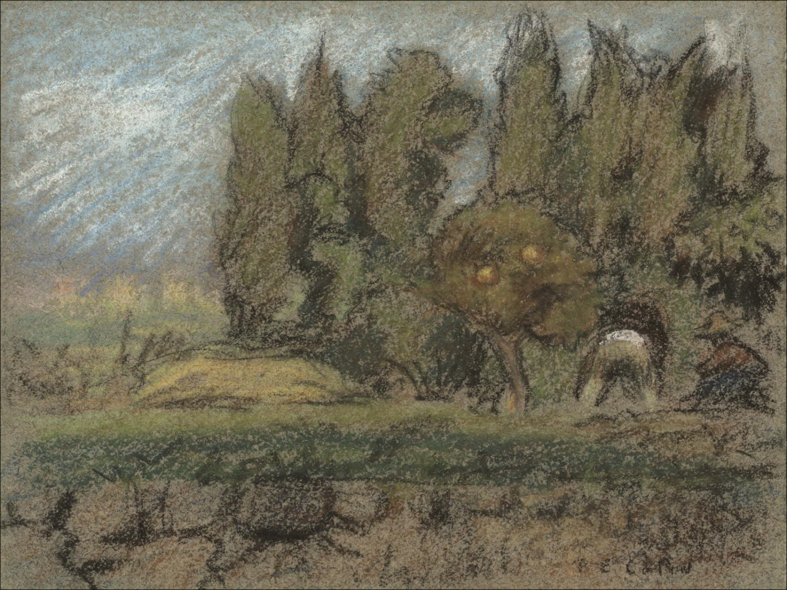 Paul Emile Colin - Lápiz original y dibujo en colores pastel "Trabajos en Huerta" 12x16cm - 1909