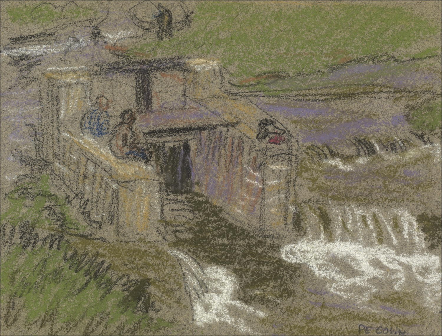 Paul Emile Colin - Disegno originale a matita e pastello "Bambini al bordo dell'acqua, Vence" 12x16cm - 1909