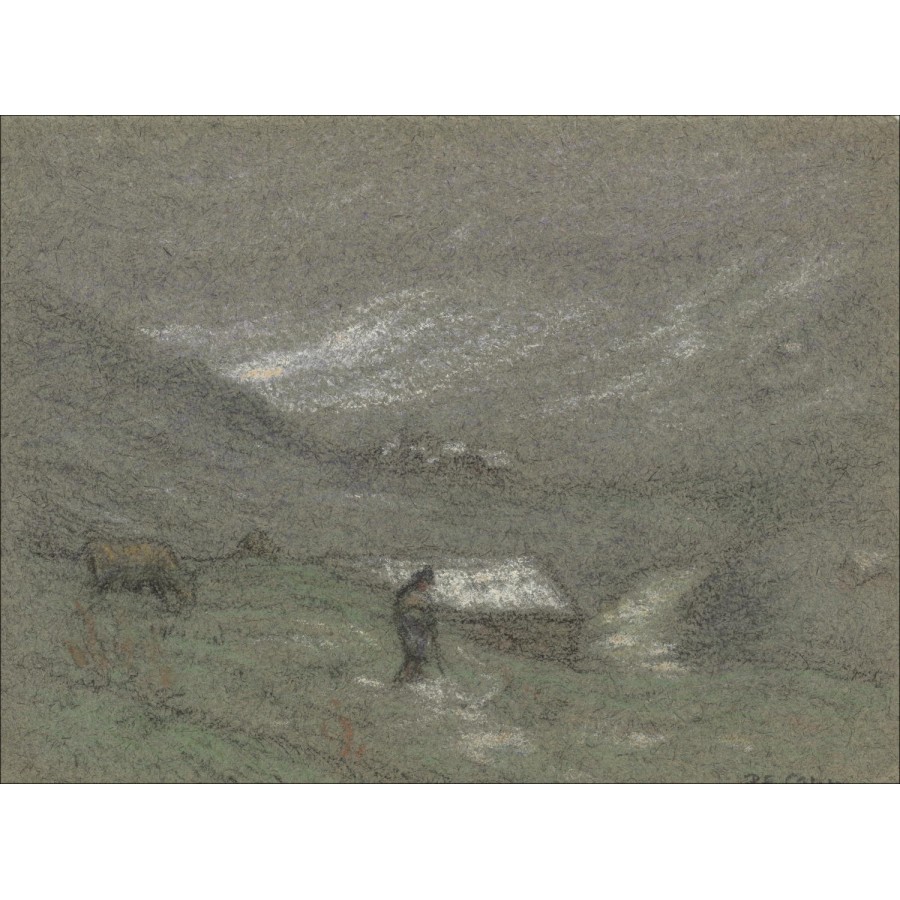 Paul Emile Colin - Originele tekening in potlood en pastel "Shepherd en zijn kudde" 12x16cm