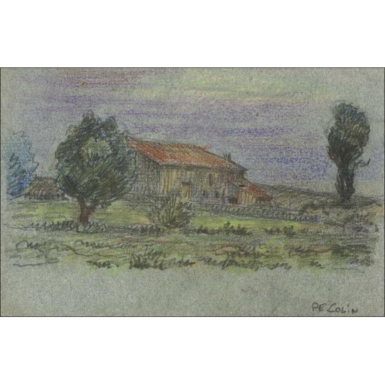 Paul Emile Colin - Disegno originale a matita e pastello "La fattoria" 10x16cm