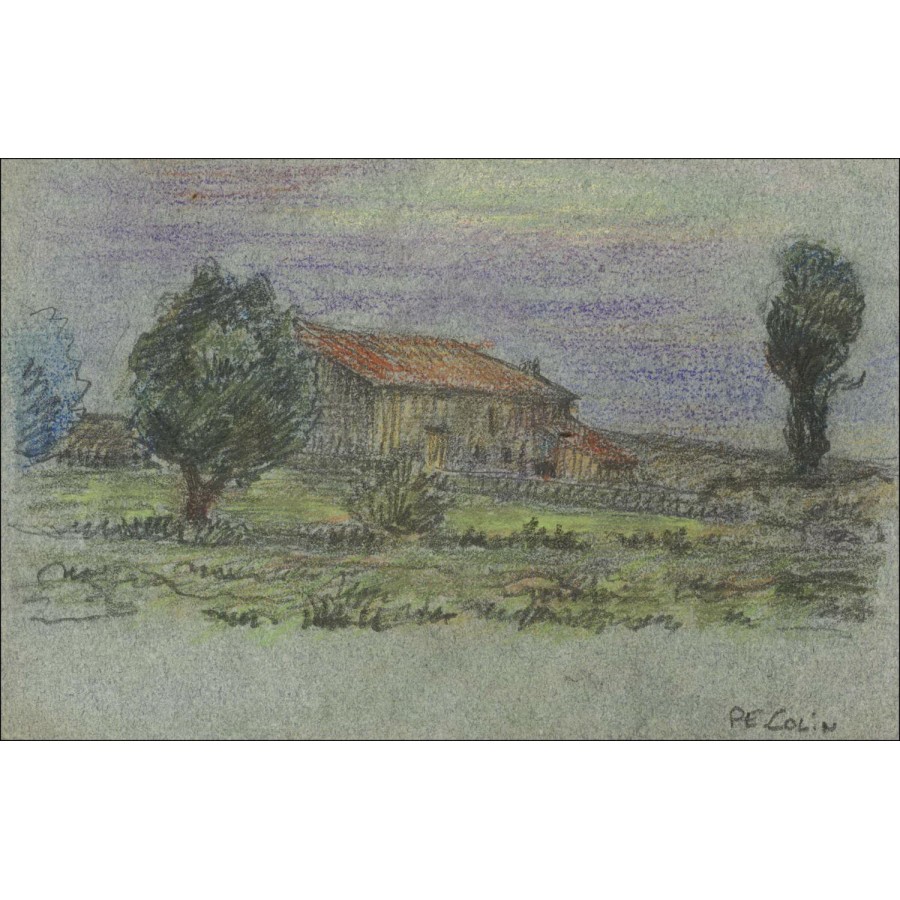 Paul Emile Colin - Disegno originale a matita e pastello "La fattoria" 10x16cm
