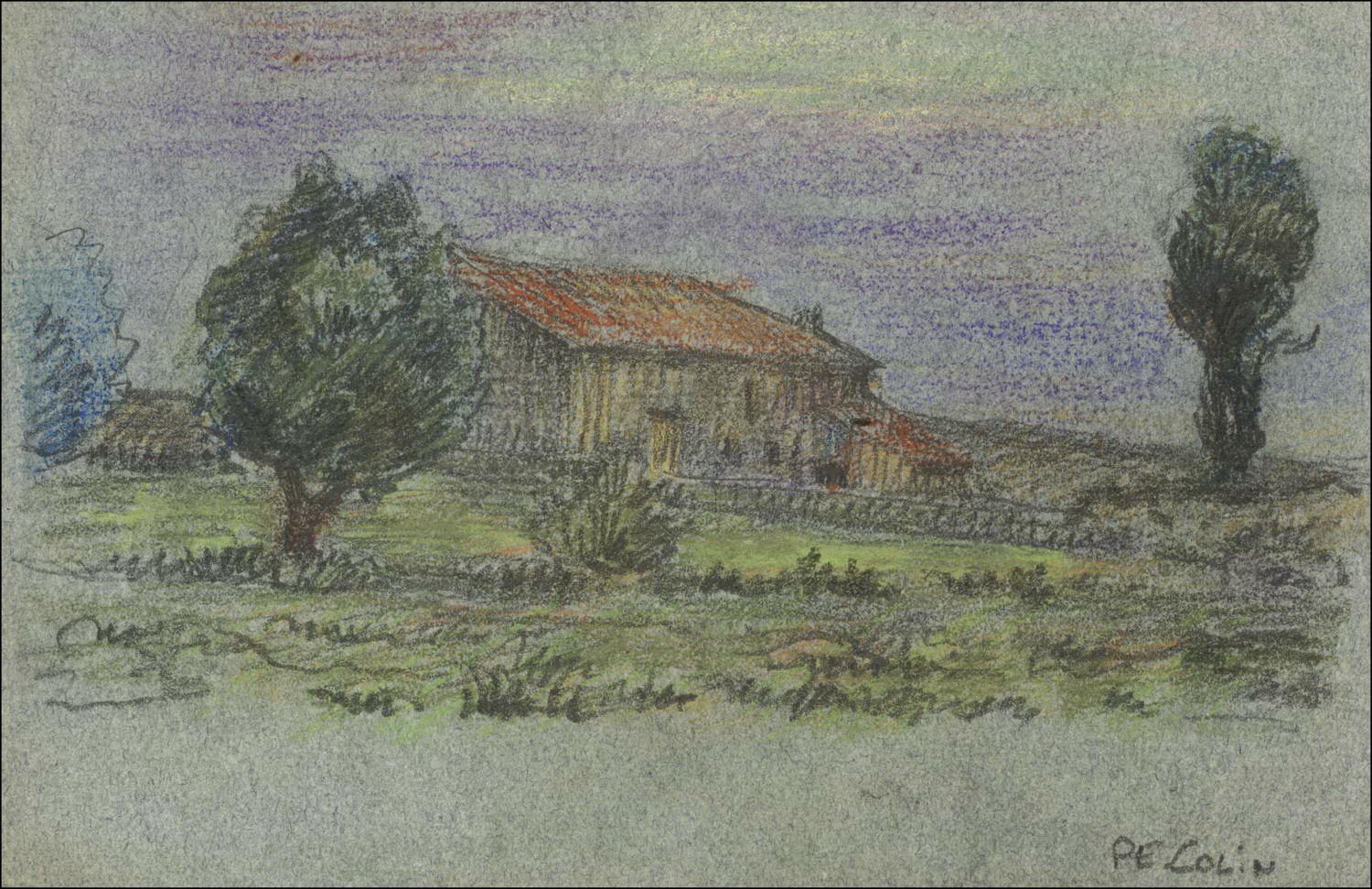 Paul Emile Colin - Disegno originale a matita e pastello "La fattoria" 10x16cm