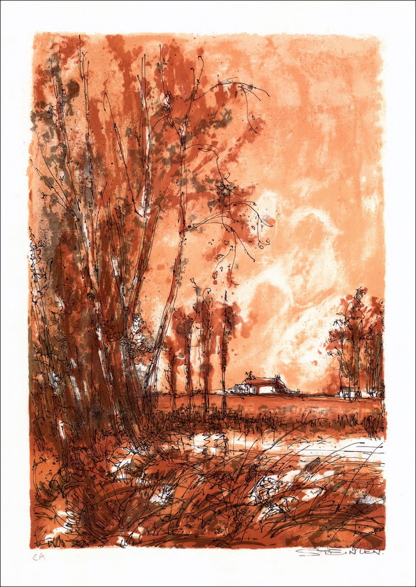 Landscape - Original lithograph numbered and signed in pencil by the artist - Budget range, affordable, decorative piece, artwor